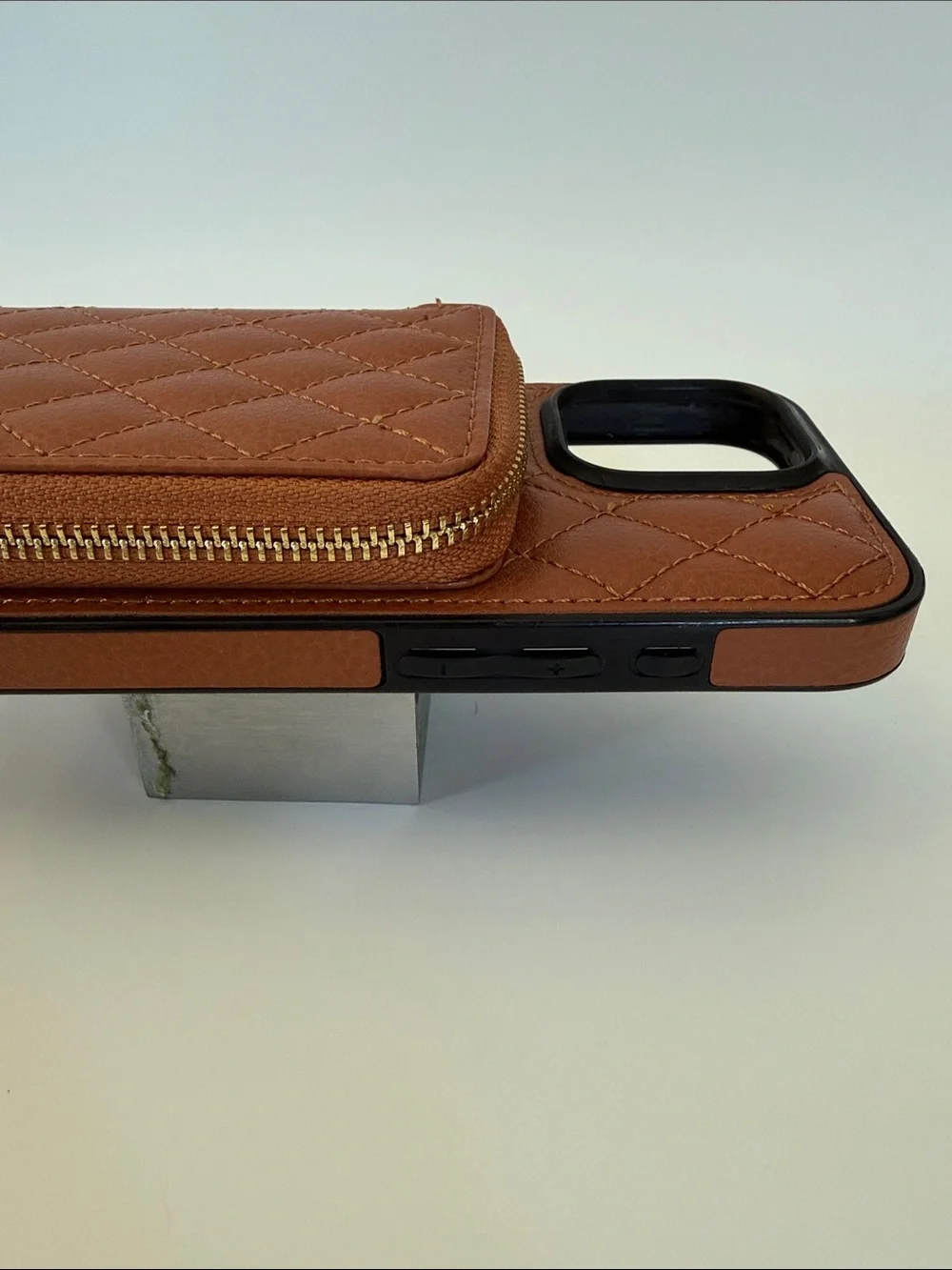 Brown Quilted Zipper Wallet Phone Case for iPhone 16 ProMax